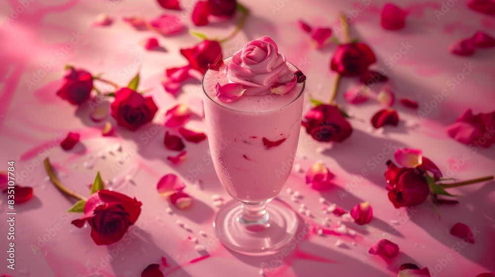 Pink rose milkshake with scattered petals on a pink background Pink rose milkshake with scattered petals on a pink background