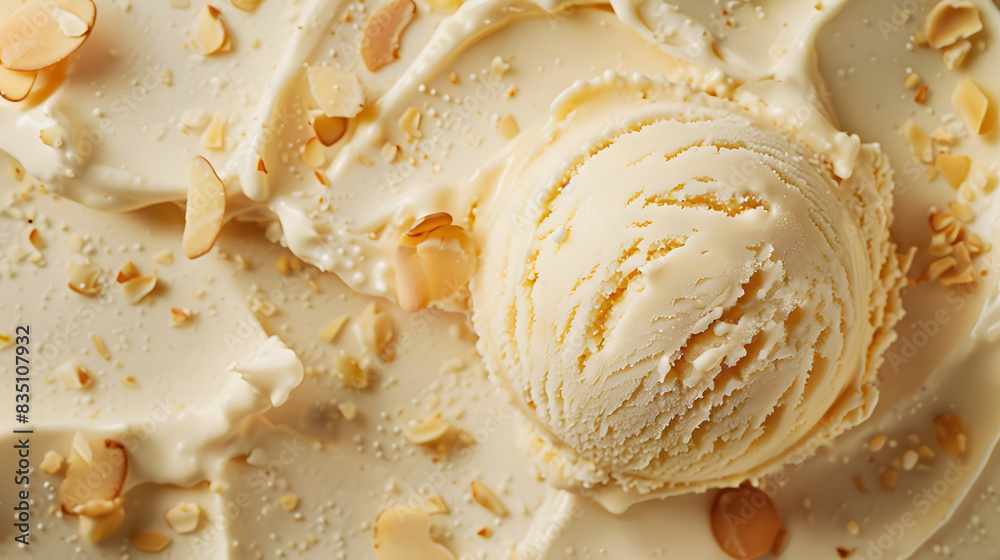 Scoop of Caramel Almond ice cream isolated with a few ingredients on smooth flakes of caramel ice cream background top view Scoop of Caramel Almond ice cream isolated with a few ingredients on smooth flakes of caramel ice cream background top view