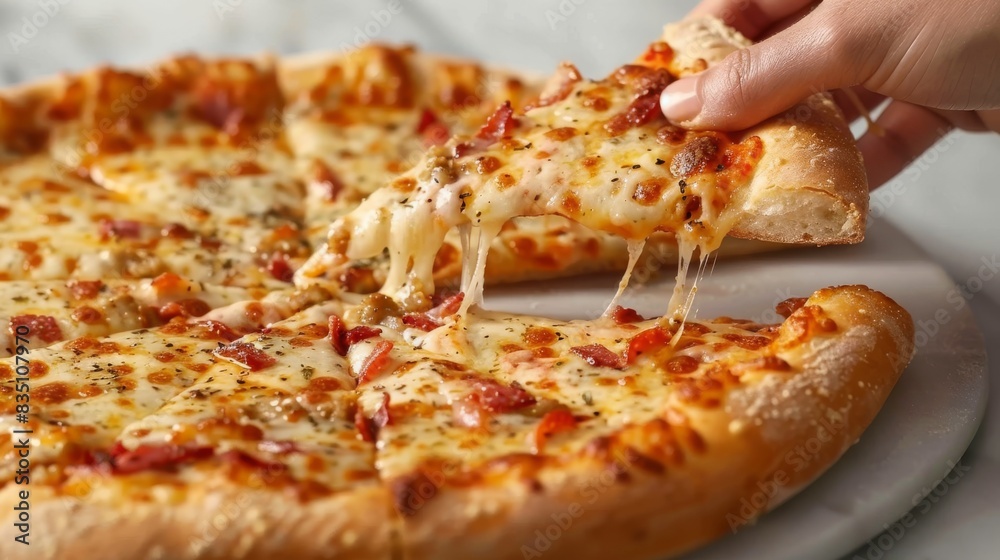 Hand pulling a cheesy slice of pepperoni pizza Hand pulling a cheesy slice of pepperoni pizza