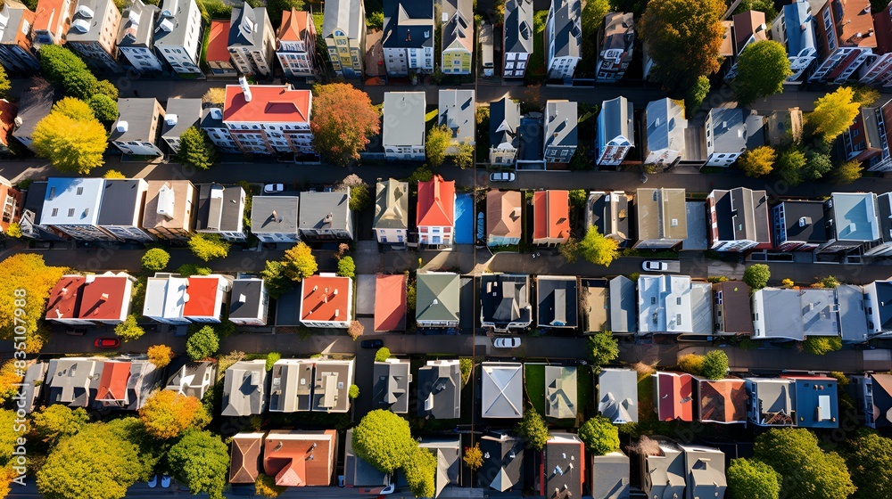 An aerial view of a colorful neighborhood with autumn trees