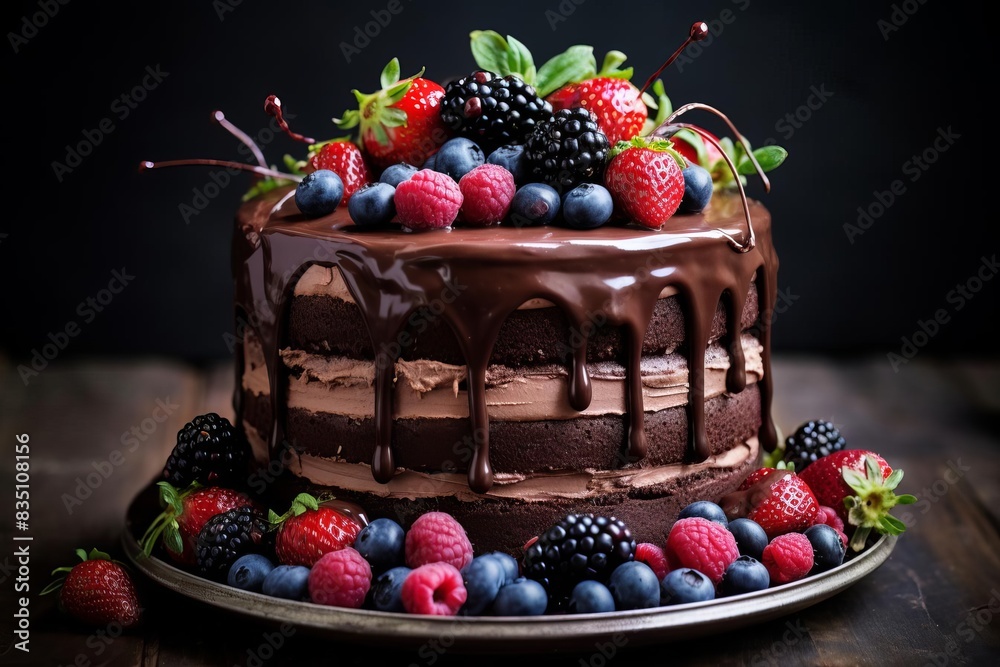 A decadent chocolate cake with berries and chocolate pieces, A decadent chocolate cake with berries and chocolate pieces,
