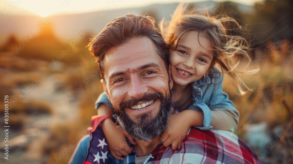 An excited child sits with the American flag on their father's shoulder and is reunited with his family again An excited child sits with the American flag on their father's shoulder and is reunited with his family again