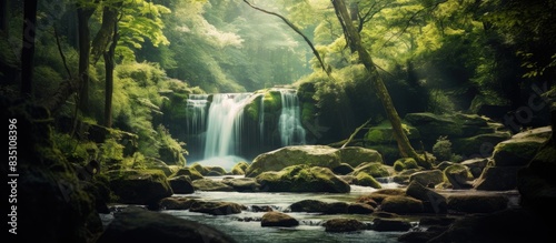 After a lengthy stroll through the forest  you reach a stunning waterfall  ideal for a break and taking photos with a charming background for a copy space image.