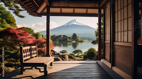 A beautiful view of Mount Fuji from a traditional Japanese house