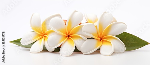 Plumeria flower with copy space image against a white backdrop.