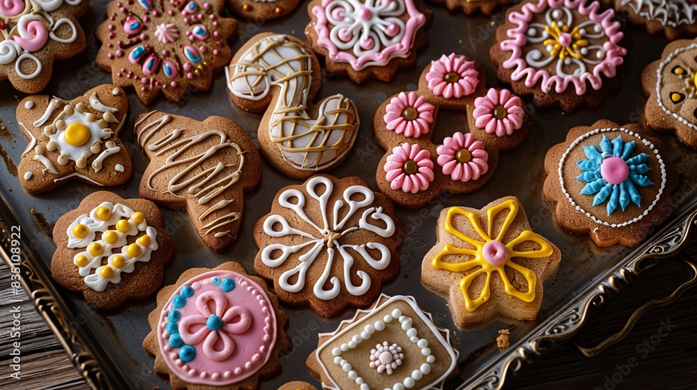 An image of a tray of assorted cookies, each decorated with unique designs and colors, ready to be served for a special occasion. An image of a tray of assorted cookies, each decorated with unique designs and colors, ready to be served for a special occasion.