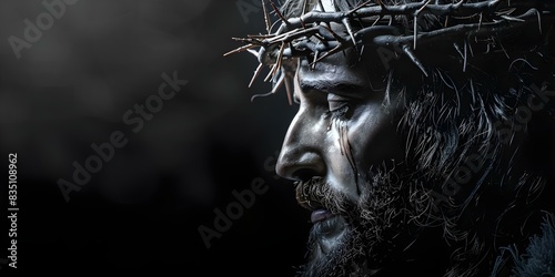 Profile of Jesus wearing a crown of thorns on a black background. Concept Religious Iconography, Crown of Thorns, Black Background, Profile Portrait photo