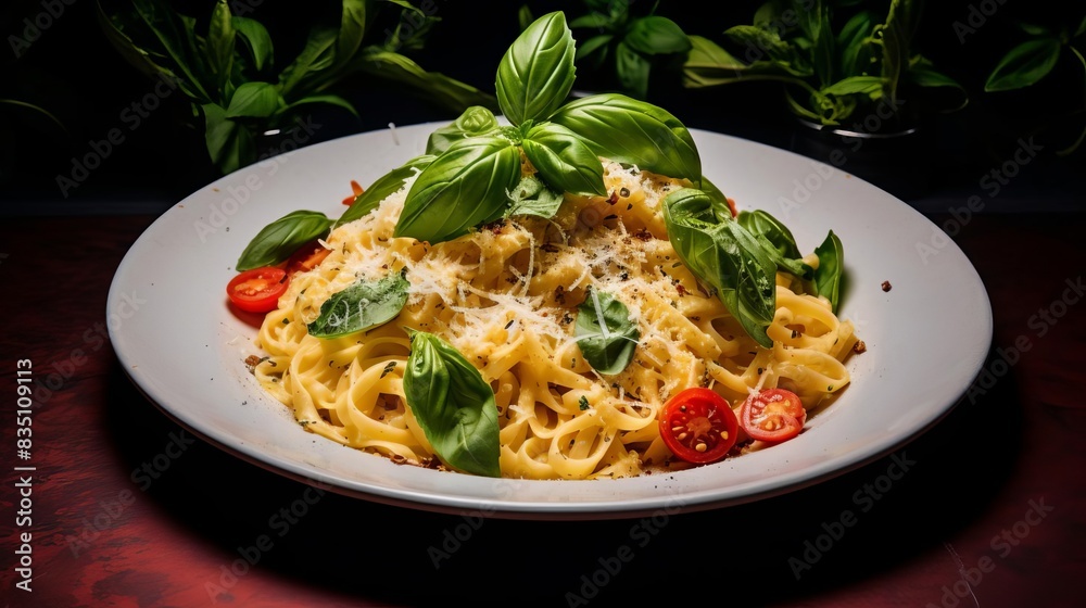 A freshly baked plate of pasta with basil on top, A freshly baked plate of pasta with basil on top,