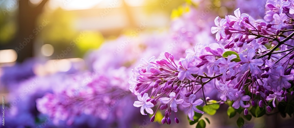 Obraz premium Petrea volubilis flowers, also known as Petrea volubilis L., with a distinctive violet hue, creating a stunning composition in a spring garden with copy space image available.