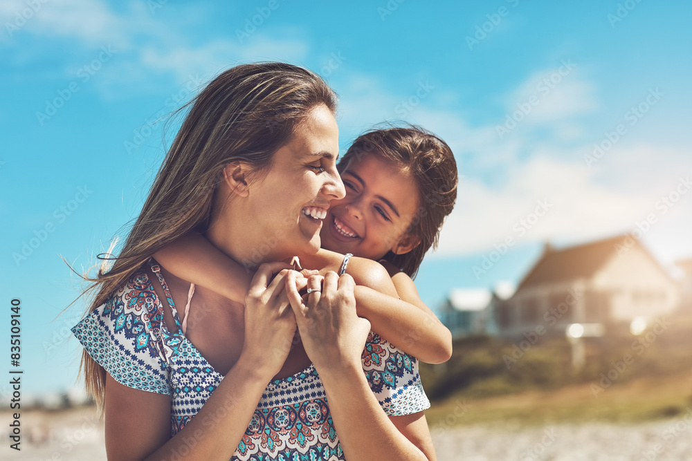 Together, mother and girl child on beach with piggyback with love for holiday, vacation and development on trip. Happy, woman and daughter on seashore for bonding, adventure and explore bali water Together, mother and girl child on beach with piggyback with love for holiday, vacation and development on trip. Happy, woman and daughter on seashore for bonding, adventure and explore bali water
