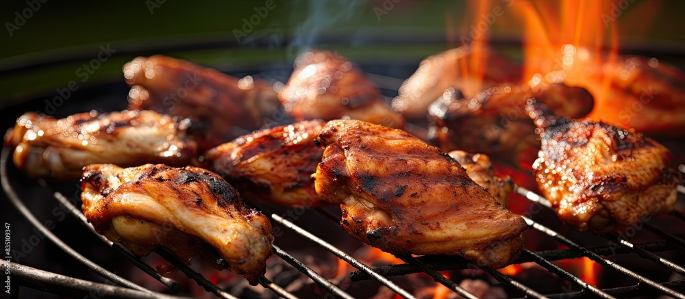 Grilling BBQ chicken wings in a natural setting with copy space image. Grilling BBQ chicken wings in a natural setting with copy space image.