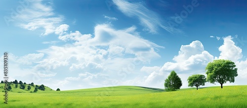 Focused on grass trees in a lush green meadow field with a serene ambiance and ample copy space image.
