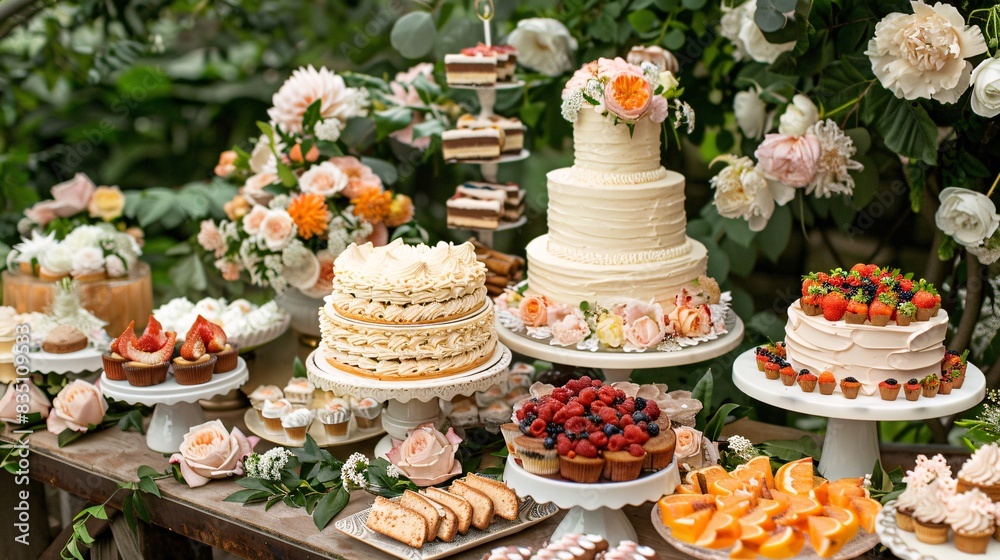 A photo of a beautifully set dessert table for a garden party, featuring a variety of cakes, cookies, and pastries arranged among fresh flowers. A photo of a beautifully set dessert table for a garden party, featuring a variety of cakes, cookies, and pastries arranged among fresh flowers.