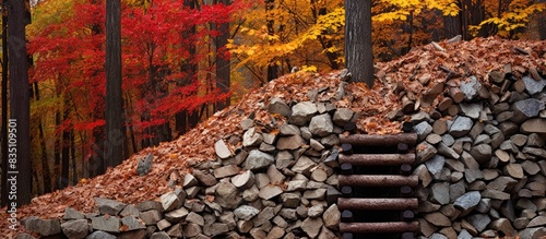 A woodpile with a ladder and firewood, set amidst red, yellow, and purple autumn leaves in Bukhansan National Park, South Korea, providing an ideal copy space image.