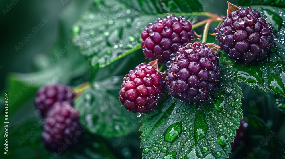 Lucky blackberries with dewdrops, macro photography, closeup on green leaves, water droplets Lucky blackberries with dewdrops, macro photography, closeup on green leaves, water droplets