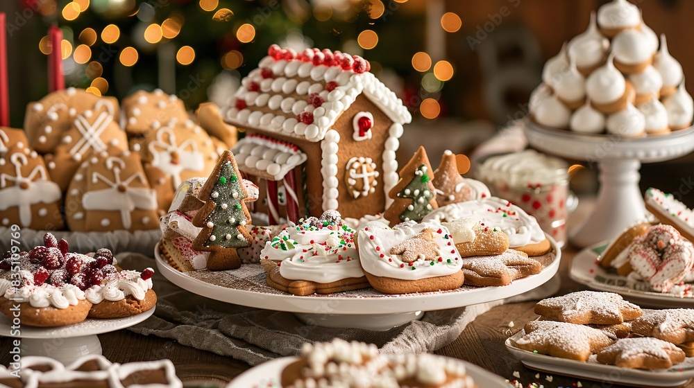 An image of a festive dessert spread featuring gingerbread houses, sugar cookies, and holiday-themed treats, perfect for a seasonal celebration. An image of a festive dessert spread featuring gingerbread houses, sugar cookies, and holiday-themed treats, perfect for a seasonal celebration.