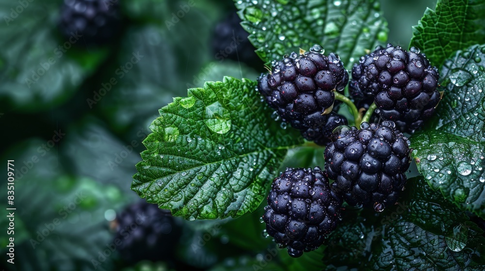 Lucky blackberries with dewdrops, macro photography, closeup on green leaves, water droplets Lucky blackberries with dewdrops, macro photography, closeup on green leaves, water droplets