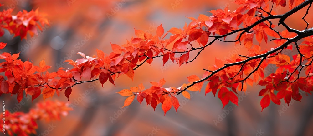 A vivid image capturing bright red autumn leaves against a backdrop of trees is a beautiful copy space image. A vivid image capturing bright red autumn leaves against a backdrop of trees is a beautiful copy space image.