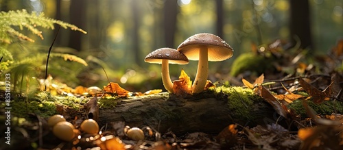 Large boletus mushroom on a sunny autumn day in a dense forest with copy space image.