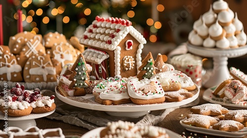 An image of a festive dessert spread featuring gingerbread houses, sugar cookies, and holiday-themed treats, perfect for a seasonal celebration.
