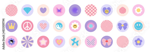 Collection of round stickers y2k. Trendy highlights covers  for social media, blurred design elements, aura gradient icons. Flowers, checkered heart, butterfly 2000s illustration. Vector