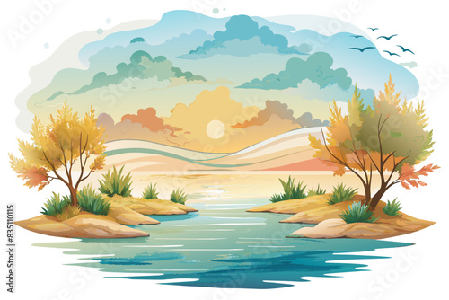 a river with trees and birds in the sky, Serene watercolor strokes creating a tranquil atmosphere