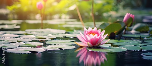Pink water lily in a pond w...