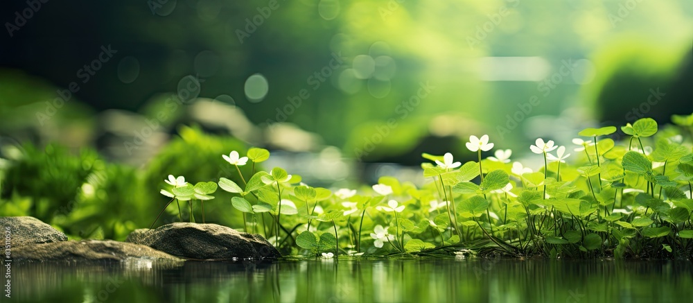 Nature setting with green clovers in the foreground, providing a tranquil backdrop with copy space image. Nature setting with green clovers in the foreground, providing a tranquil backdrop with copy space image.