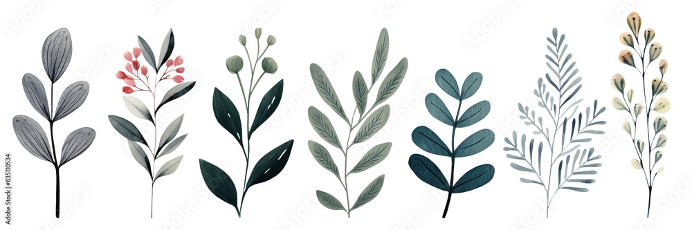 Watercolor leaves png cut out element set Watercolor leaves png cut out element set