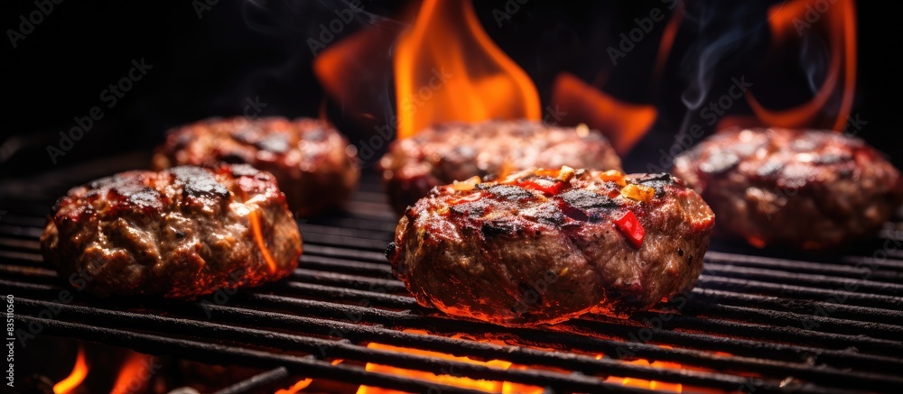 Grilling beef patties at a summer barbecue on a hot charcoal grill, with a red-hot background for copy space image. Grilling beef patties at a summer barbecue on a hot charcoal grill, with a red-hot background for copy space image.