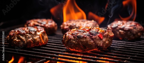 Grilling beef patties at a summer barbecue on a hot charcoal grill  with a red-hot background for copy space image.