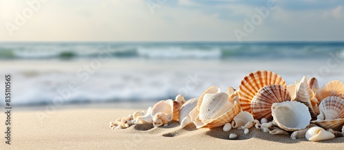 Fototapeta Naklejka Na Ścianę i Meble -  Seashells form a picturesque display on the damp sandy beach with copy space image.