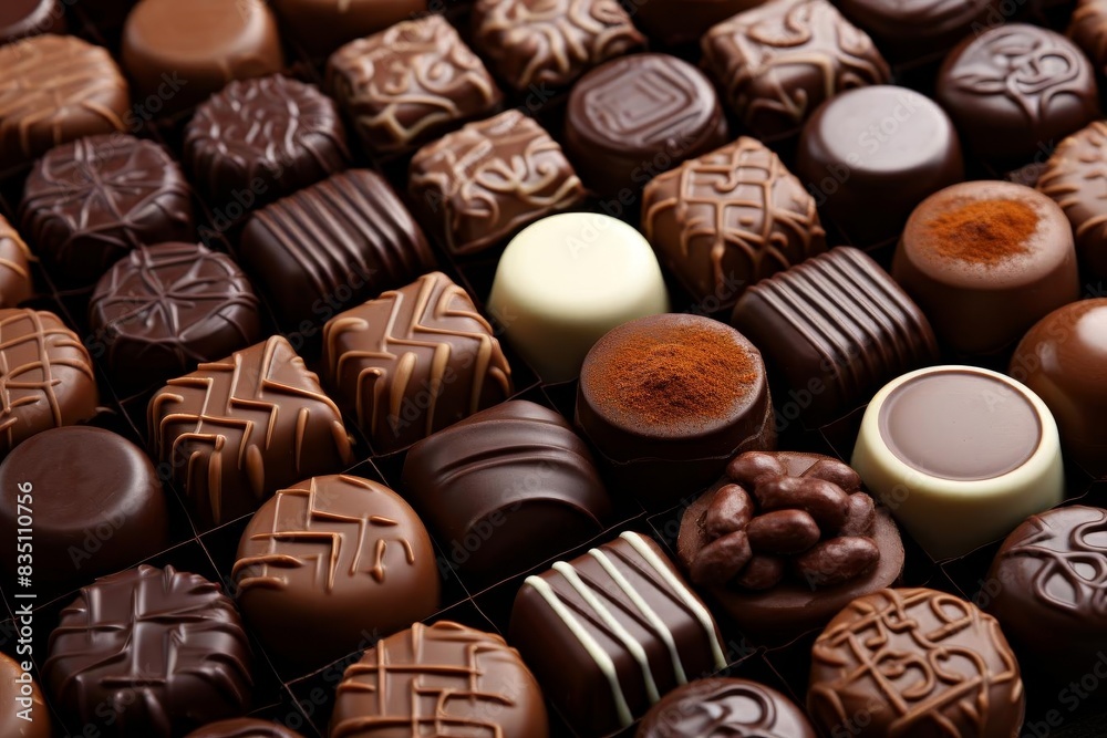 A variety of chocolate pralines arranged neatly, A variety of chocolate pralines arranged neatly,