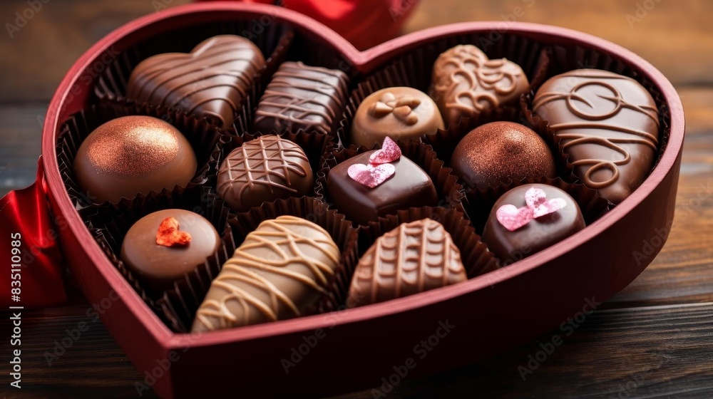 An assortment of heartshaped chocolates in a box,