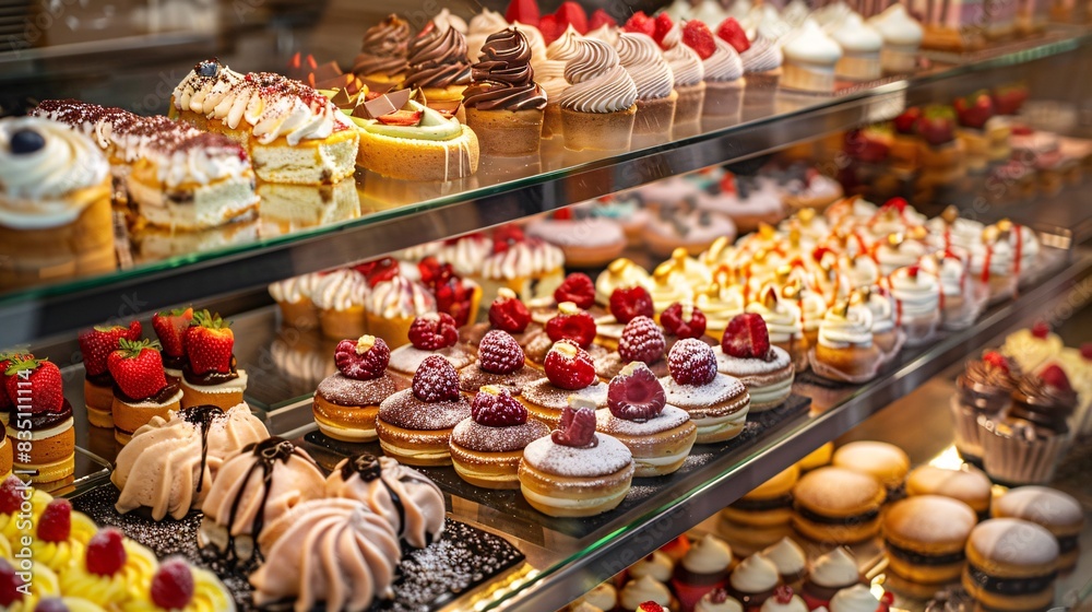An image of a high-end pastry shop display case, filled with an array of beautifully crafted desserts, from eclairs to macarons. An image of a high-end pastry shop display case, filled with an array of beautifully crafted desserts, from eclairs to macarons.