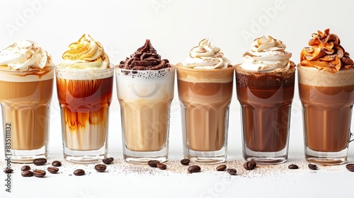 Assorted coffee drinks in glasses, with whipped cream, on white background.