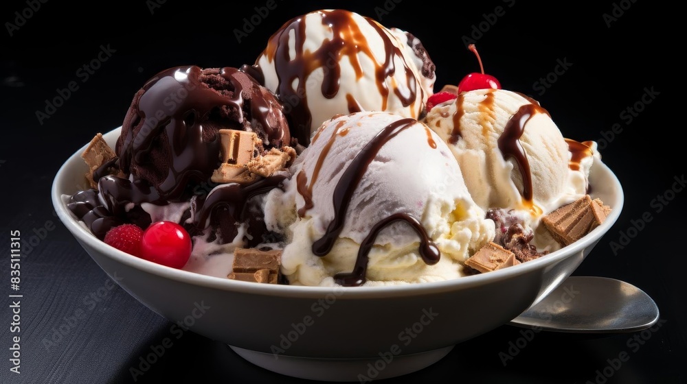 Another bowl of ice cream with different toppings and chocolate sauce, Another bowl of ice cream with different toppings and chocolate sauce,