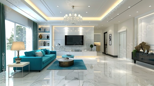 Modern living room interior design with turquoise blue sofa and white ceiling, decorated with crystal chandelier, white marble floor tiles and wall panels. 