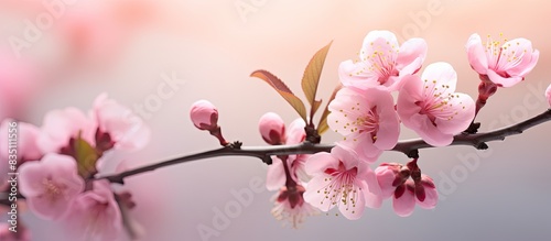 The peach blossom in a delicate state of bloom, with vibrant pink petals against a soft backdrop offering an ideal copy space image.