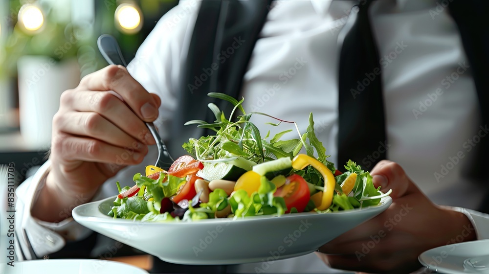 Closeup, person eating a fresh salad in a bowl. Closeup, person eating a fresh salad in a bowl.
