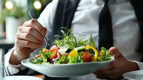 Closeup, person eating a fresh salad in a bowl.