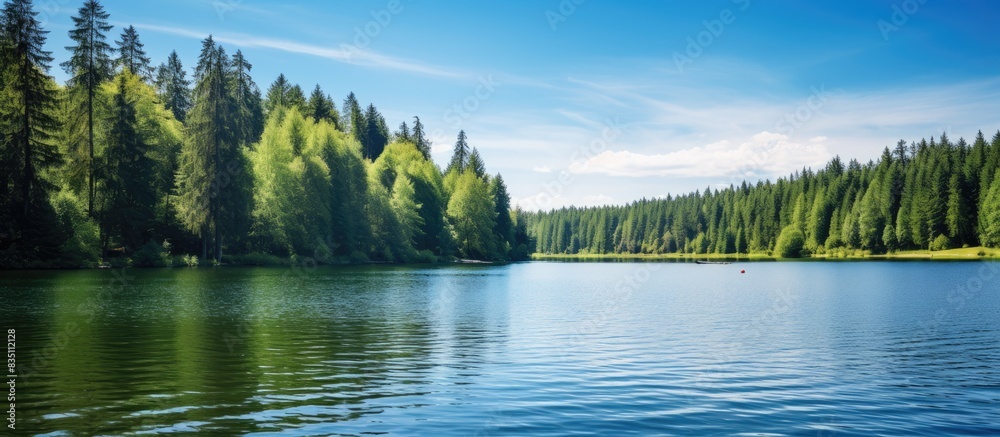 Fototapeta premium A serene lake and forest set against a clear blue sky in summer, perfect for a copy space image.