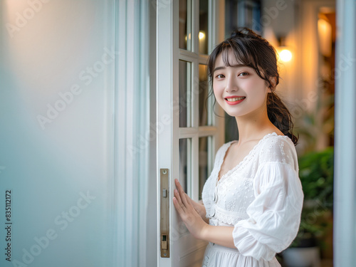 ドアを開く笑顔の女性 photo