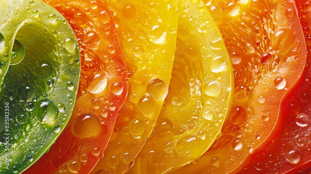 Close-up of colorful vegetable slices with water droplets, showcasing fresh and vibrant textures. Perfect for healthy food concepts. Close-up of colorful vegetable slices with water droplets, showcasing fresh and vibrant textures. Perfect for healthy food concepts.