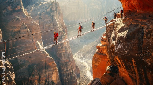 Several people cross a dangerous suspension bridge