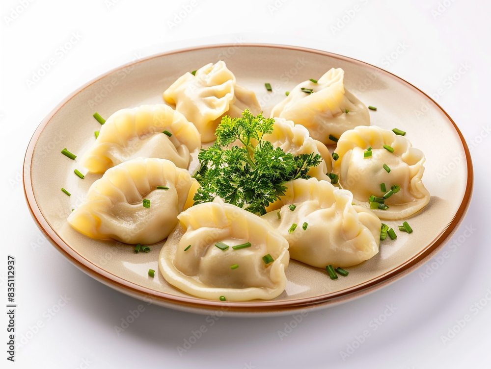 A plate of dumplings sits on a white background.