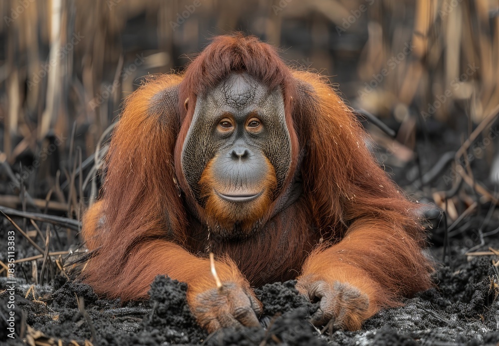 Obraz premium Orangutan in Burned Forest