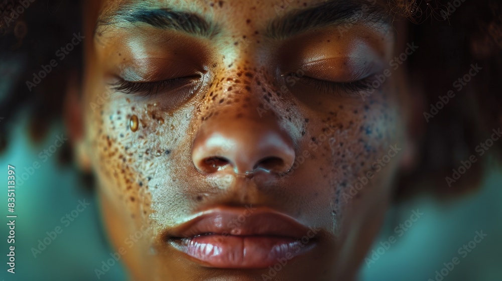 A close-up of a person's face, eyes closed, with a peaceful expression, representing the moment of spiritual awakening. A close-up of a person's face, eyes closed, with a peaceful expression, representing the moment of spiritual awakening.