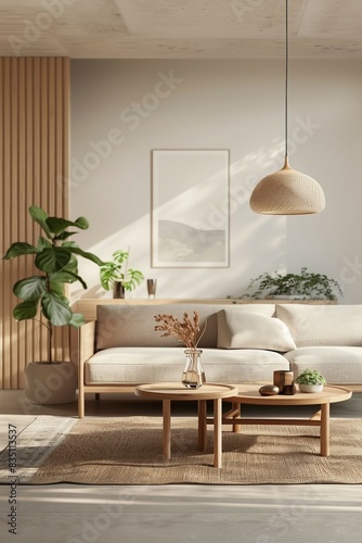 Modern living room with sofa wooden coffee table and decorative plants minimalism interior design.