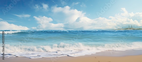 Beach scene with sun, sand, and ocean in summer, perfect for a copy space image.